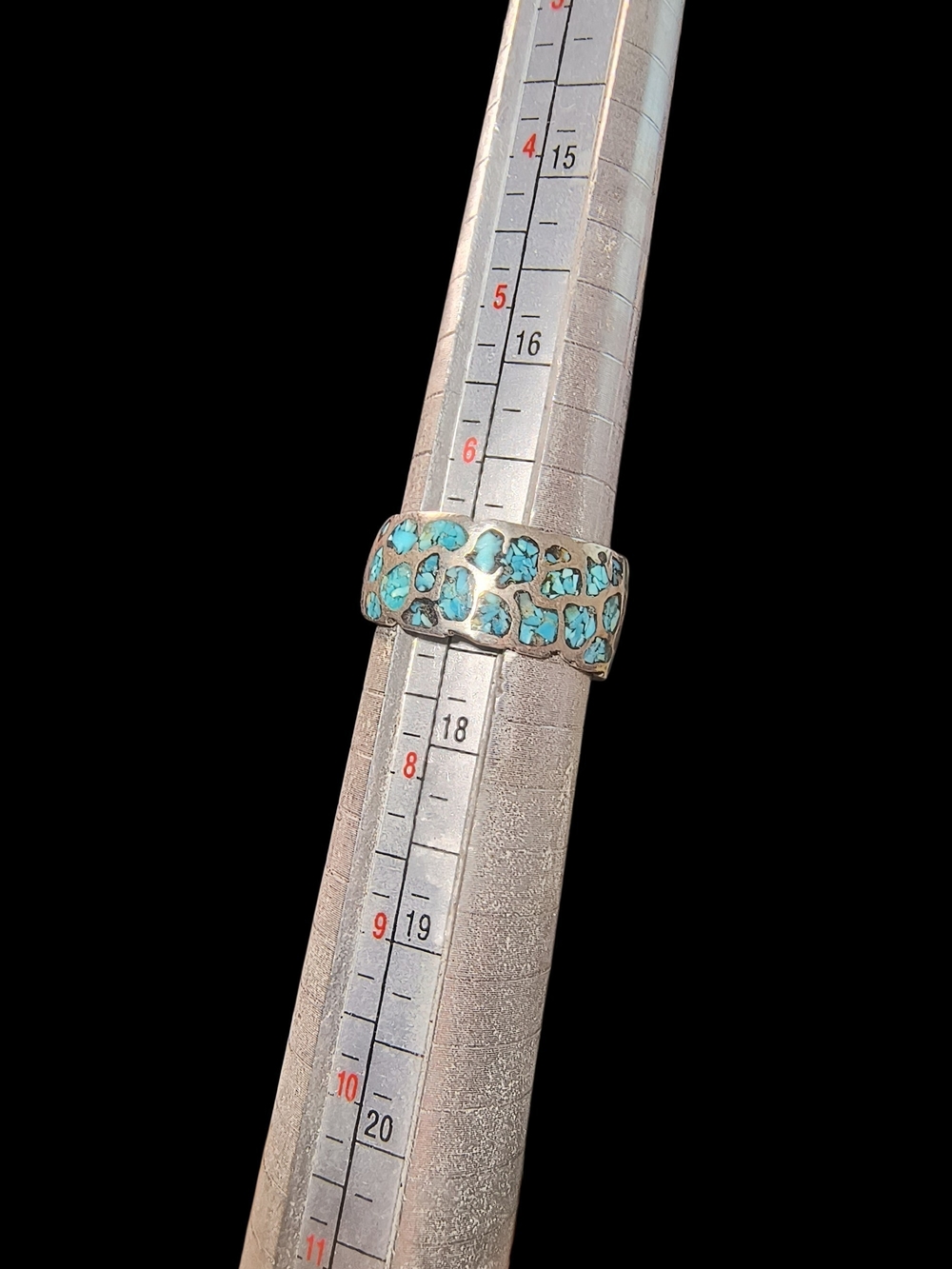 Turquoise Chip Inlay Sterling Silver Wide Band Ring - Picture 7 of 10